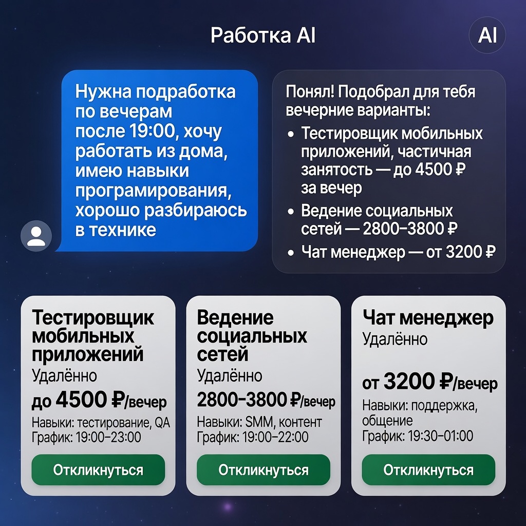 Пример чата с AI: вечерняя подработка